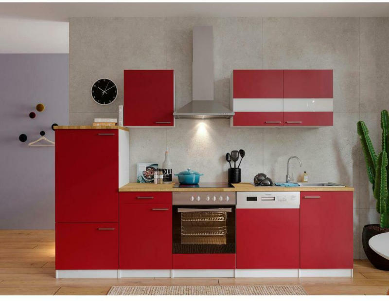 Küchenzeile Economy mit Geräten 280 cm Rot/Nussbaum Dekor