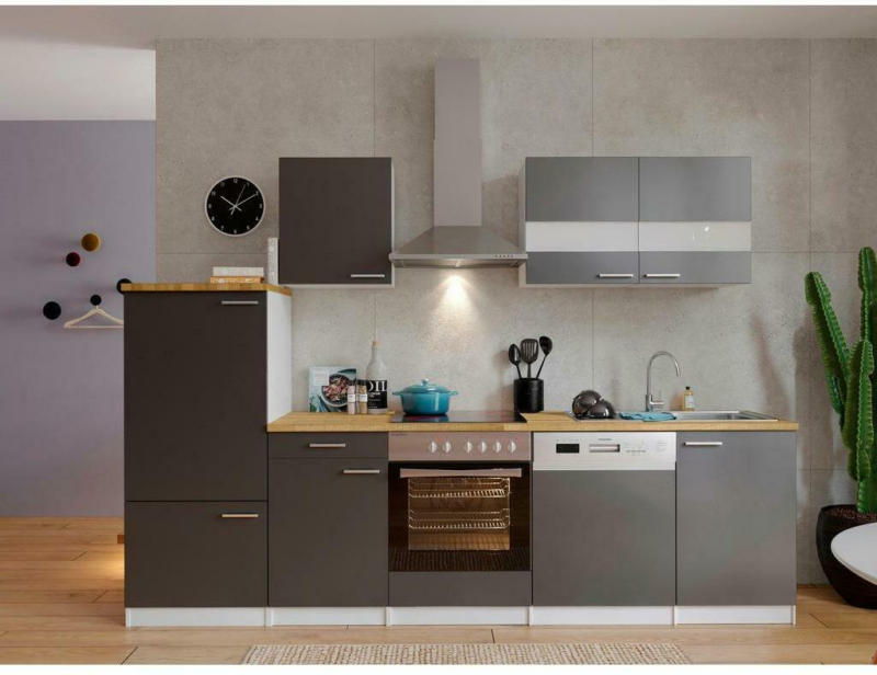 Küchenzeile Economy mit Geräten 280 cm Grau/Nussbaum Dekor