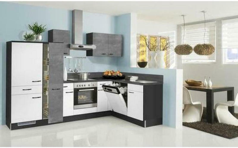 Einbauküche Eckküche Möbelix Pn80/100 mit Geräten 285x175 cm Weiß/Eiche Dekor