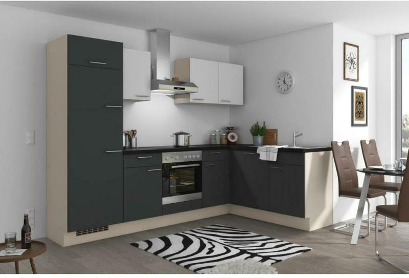 Einbauküche Eckküche Möbelix Pn 80 mit Geräten 275x175 cm Weiß/Graphit