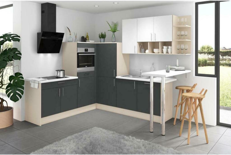 Einbauküche Eckküche Möbelix Pn80 ohne Geräte 228x 287 cm Graphit/Kaschmir/Weiß