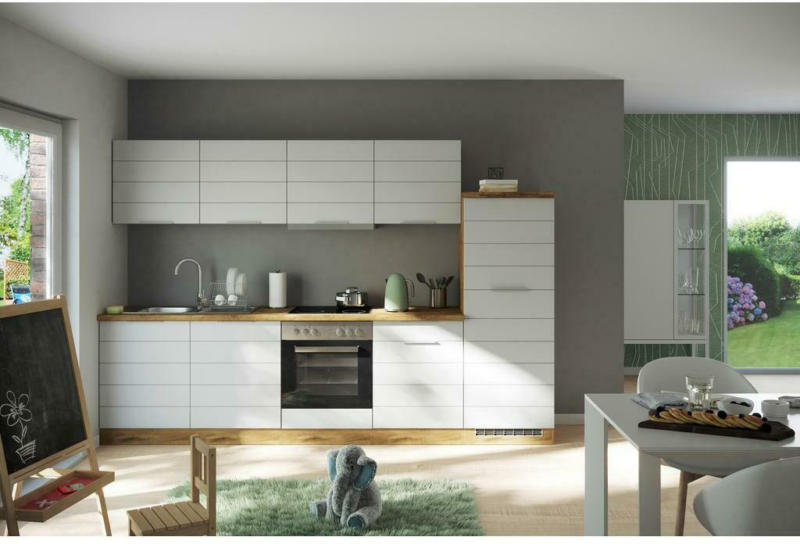 Küchenzeile Florenz mit Geräte B: 300 cm Weiß/Eiche Dekor