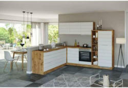 Einbauküche Eckküche Möbelix Florenz mit Geräte 240/270 cm Weiß/Eiche Dekor