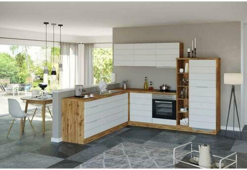 Einbauküche Eckküche Möbelix Florenz mit Geräte 240/270 cm Weiß/Eiche Dekor