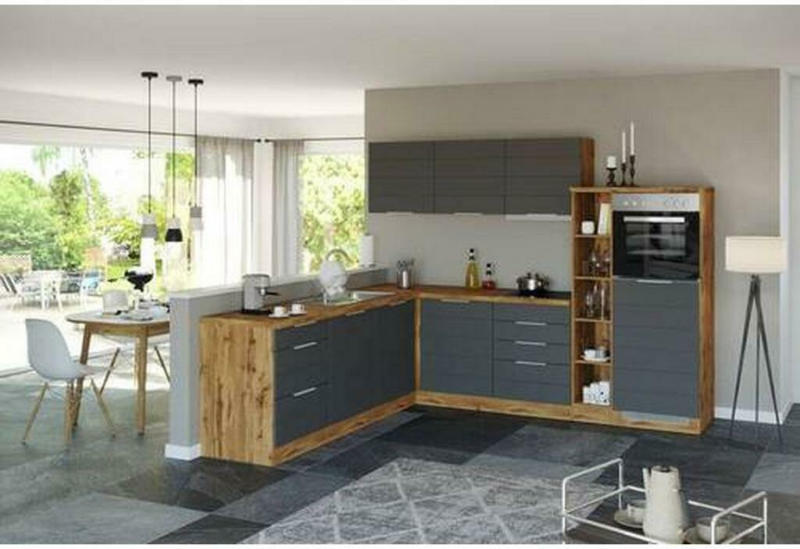 Einbauküche Eckküche Möbelix Florenz mit Geräte 240/270 cm Grau/Eiche Dekor