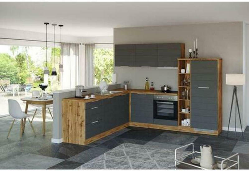 Einbauküche Eckküche Möbelix Florenz ohne Geräte 240/270 cm Grau/Eiche Dekor