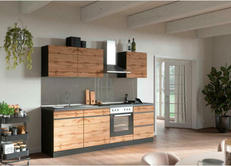 Küchenzeile Turin mit Geräten B: 240 cm Graphitfarben/Eiche