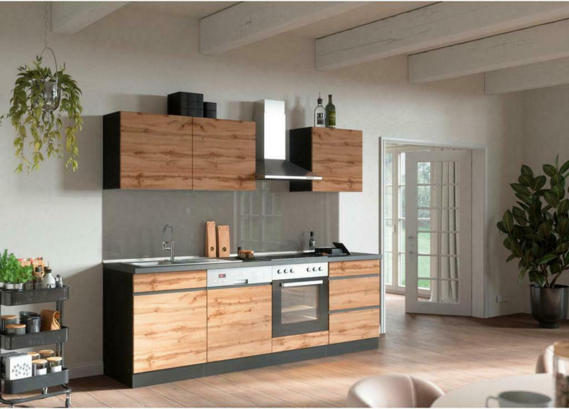 Küchenzeile Turin mit Geräte B: 240 cm Graphitfarben/Eiche