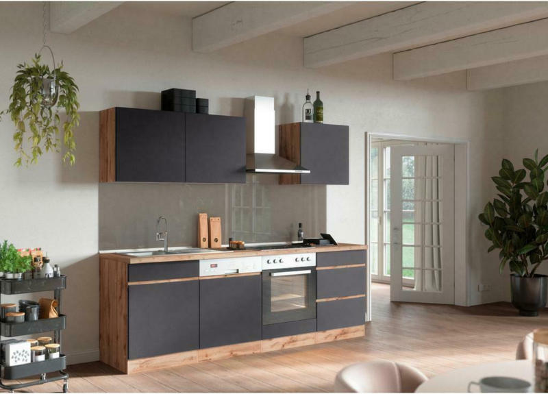 Küchenzeile Turin mit Geräten B: 240cm Grau/Wotaneiche Dekor