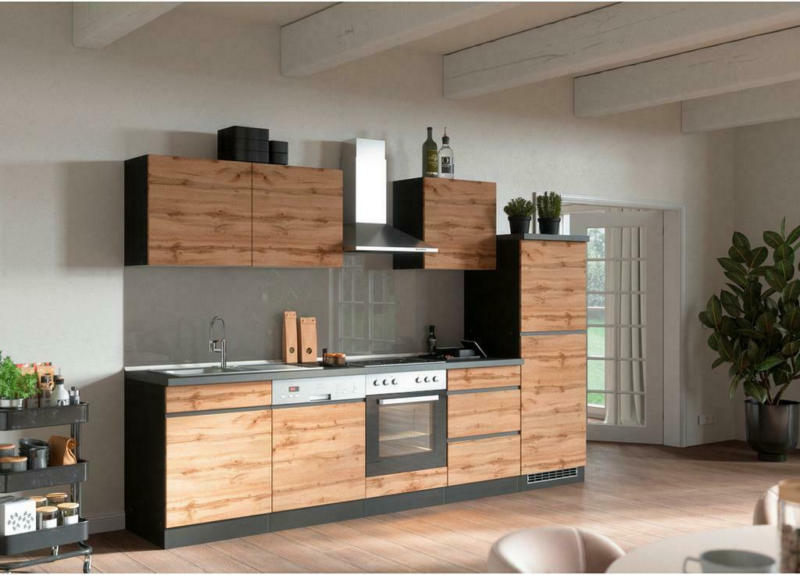 Küchenzeile Turin mit Geräte B: 300 cm Graphitfarben/Eiche