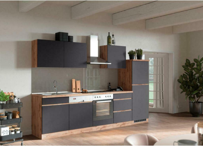 Küchenzeile Turin mit Geräten B: 300cm Grau/Wotaneiche Dekor