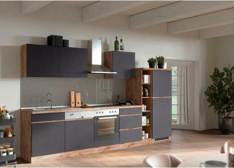Küchenzeile Turin mit Geräte B: 330cm Grau/Wotaneiche Dekor