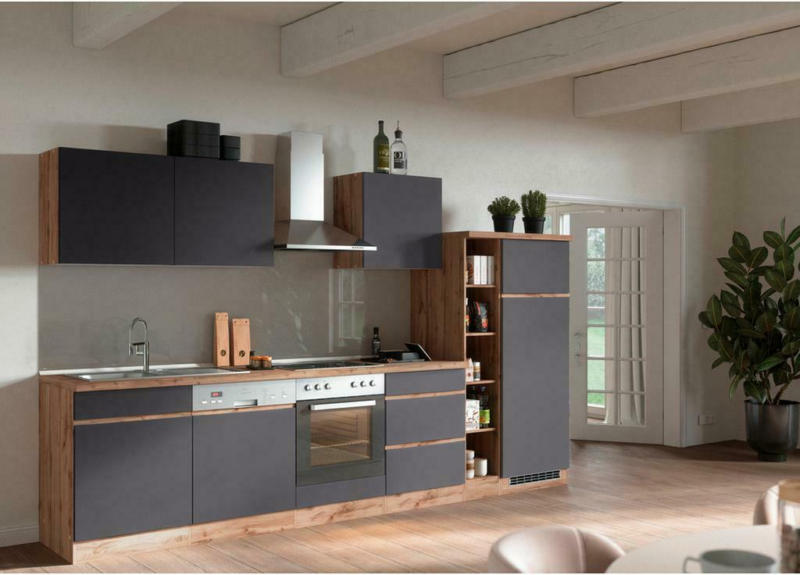 Küchenzeile Turin ohne Geräte B: 330cm Grau/Wotaneiche Dekor