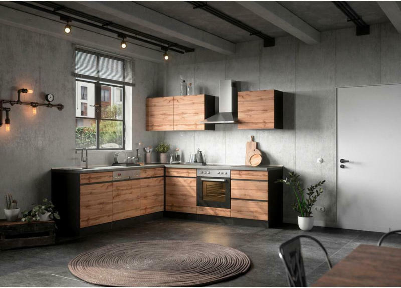 Einbauküche Eckküche Möbelix Turin ohne Geräte 240x240 cm Graphitfarben/Eiche