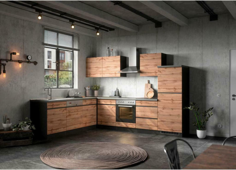 Einbauküche Eckküche Möbelix Turin mit Geräten 240x300 cm Graphitfarben/Eiche