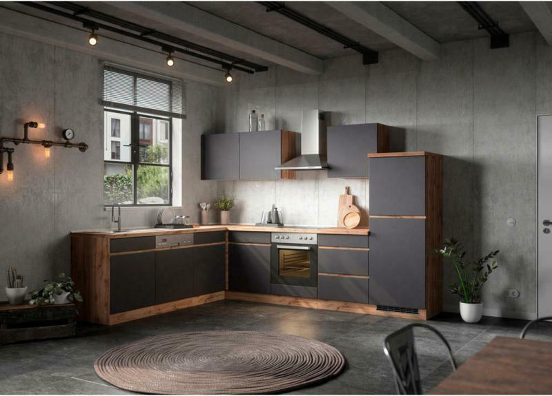 Einbauküche Eckküche Möbelix Turin ohne Geräte 300x240 cm Grau/Eiche Dekor