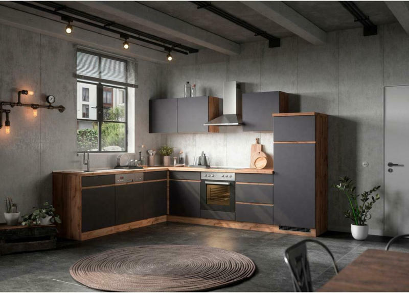 Einbauküche Eckküche Möbelix Turin ohne Geräte 240x300 cm Grau/Eiche Dekor