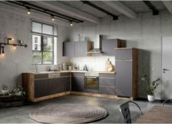 Einbauküche Eckküche Möbelix Turin mit Geräte 240x300 cm Grau/Eiche Dekor