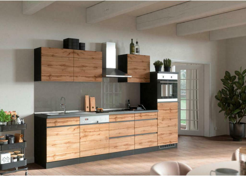 Küchenzeile Turin mit Geräte B: 300 cm Graphitfarben/Eiche