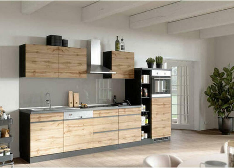 Küchenzeile Turin mit Geräten B: 330 cm Graphitfarben/Eiche