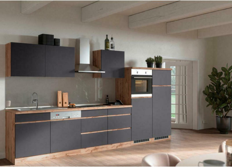Küchenzeile Turin mit Geräte B: 360cm Grau/Wotaneiche Dekor