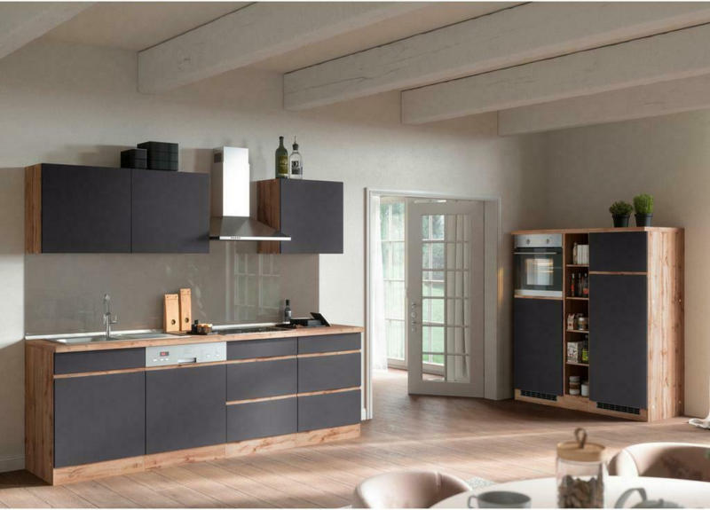 Küchenzeile Turin mit Geräten B: 390cm Grau/Wotaneiche Dekor