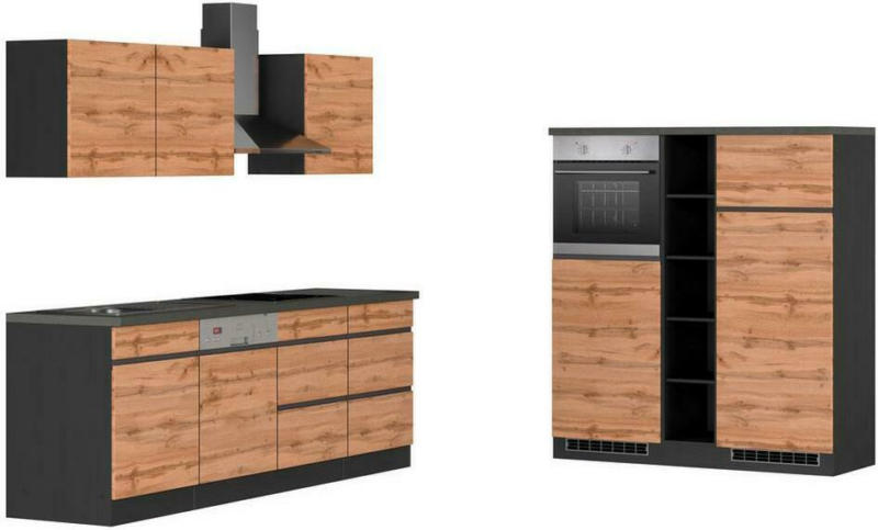 Küchenzeile Turin mit Geräte B: 390 cm Graphitfarben/Eiche