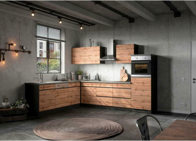 Einbauküche Eckküche Möbelix Turin mit Geräten 240x300 cm Graphitfarben/Eiche