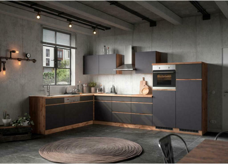 Einbauküche Eckküche Möbelix Turin mit Geräten 240x360 cm Grau/Eiche Dekor