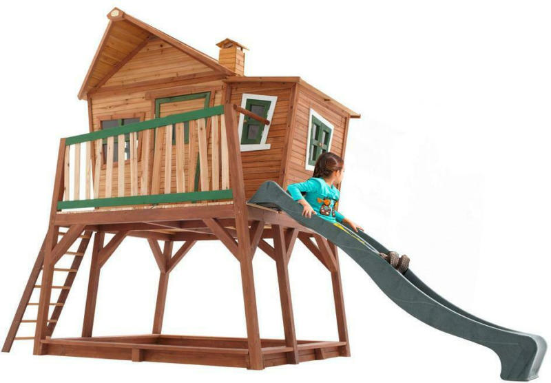 Spielhaus Holz mit Rutsche und Kletterwand Braun Grün Max