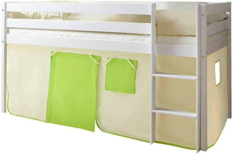 Kinderbett Malte 90x200cm Holz Massiv Weiß/Grün mit Vorhang