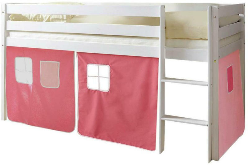 Kinderbett Malte 90x200cm Holz Massiv Weiß/Rosa mit Vorhang