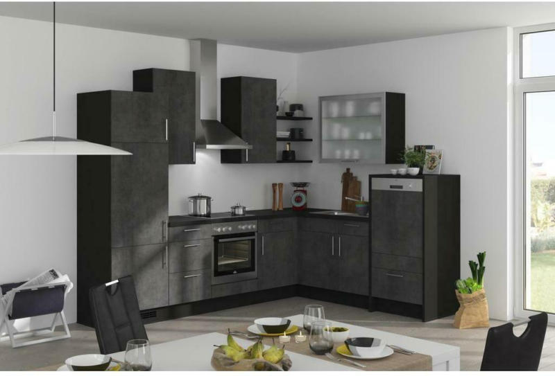 Einbauküche Eckküche Möbelix Speed mit Geräten 285x220cm Schiefergrau/Schwarz