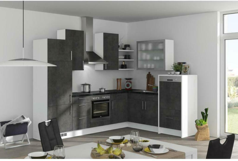 Einbauküche Eckküche Möbelix Speed mit Geräten 285x220 cm Betonoptik/Weiß
