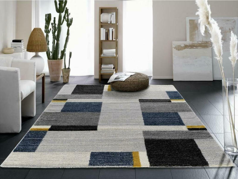 Webteppich Blau/ Gelb/ Grau Palazzo Bloc 200x290 cm