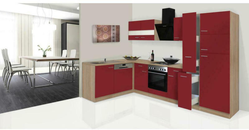 Einbauküche Eckküche Möbelix Economy mit Geräten 172x310 cm Eiche/Rot Matt