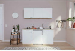 Miniküche mit Kühlschrank + Kochfeld 150 cm Weiß /Eiche