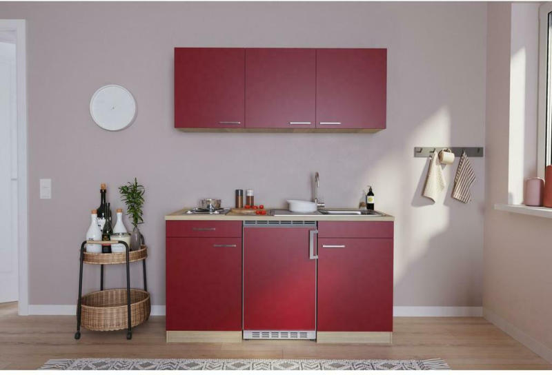 Miniküche mit Kühlschrank + Kochfeld 150cm Rot/Eiche Dekor
