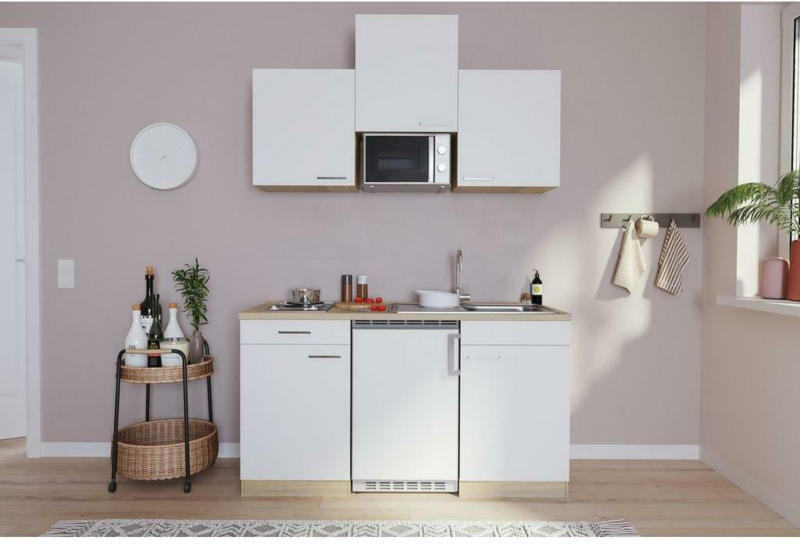 Miniküche mit Mikrowelle + Kühlschrank 150 cm Weiß/Eiche