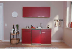 Miniküche mit Kühlschrank + Kochfeld 150cm Rot/Eiche Dekor