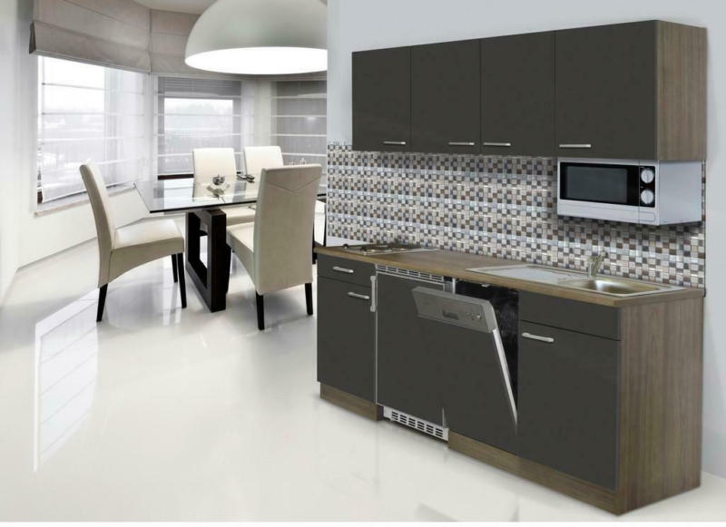 Küchenzeile Economy mit Geräten 195 cm Grau/Eiche Dekor Modern