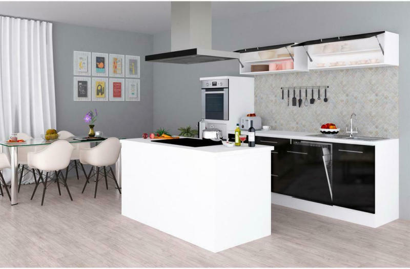 Küchenzeile Premium mit Geräte 280 cm Schwarz/Weiß +kochinsel