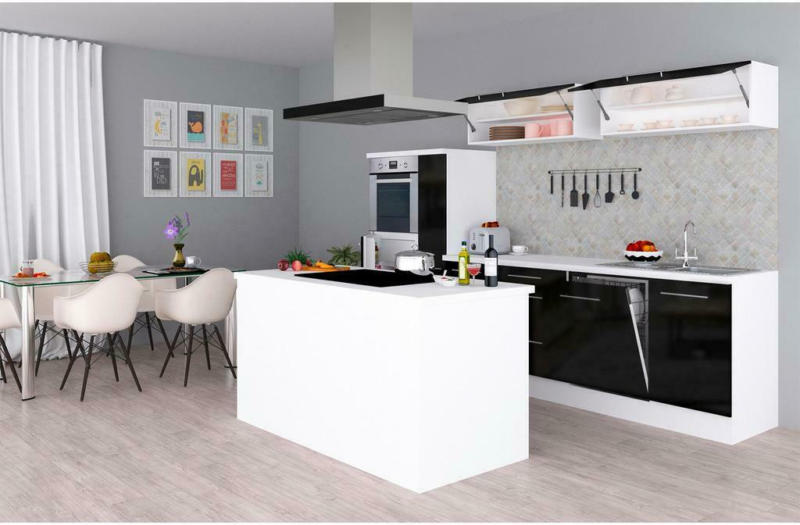 Küchenzeile Premium mit Geräte 310 cm Weiß/Schwarz +kochinsel