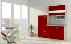 Miniküche mit Kühlschrank + Kochfeld 160 cm Rot/Eiche