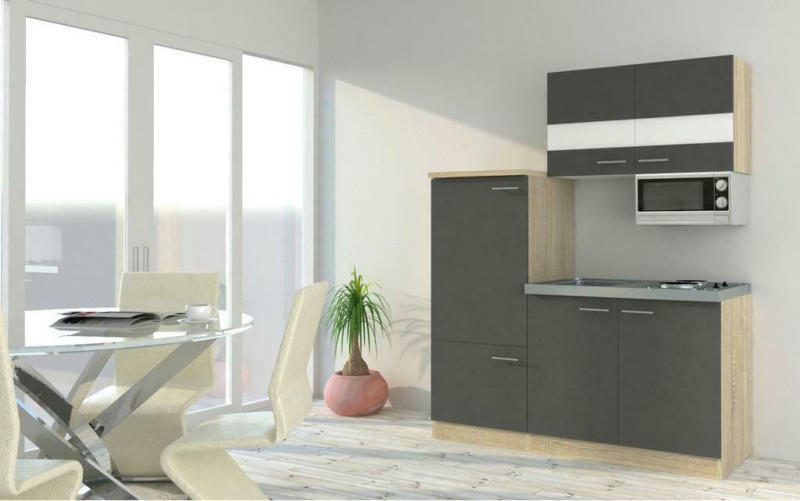 Miniküche mit Kühlschrank + Kochfeld 160 cm Grau/Eiche