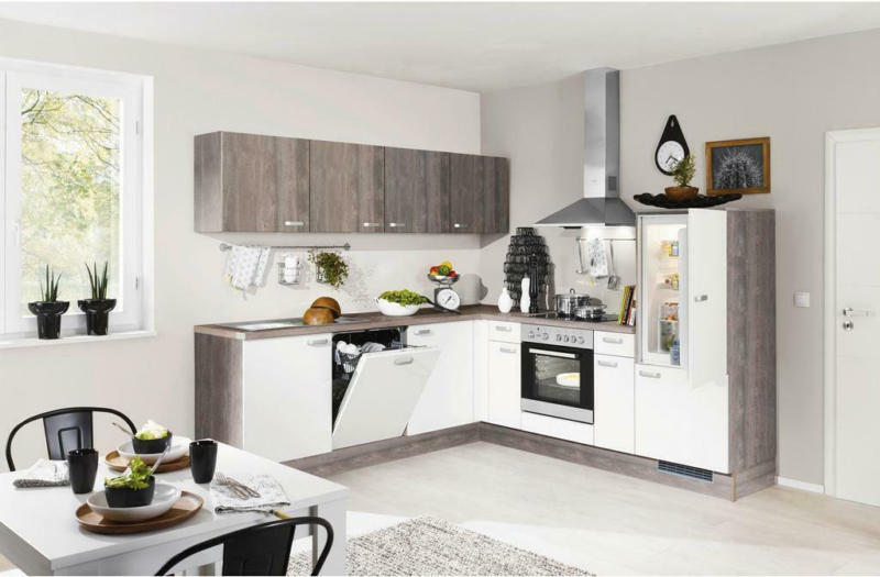 Einbauküche Eckküche Möbelix Pn 80/100 mit Geräten 245x245 cm Weiß/Eiche Dekor