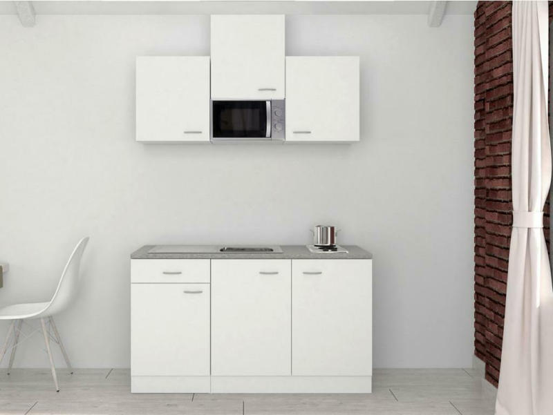 Miniküche mit Mikrowelle + Kochfeld 150cm Weiß/Grau Dekor
