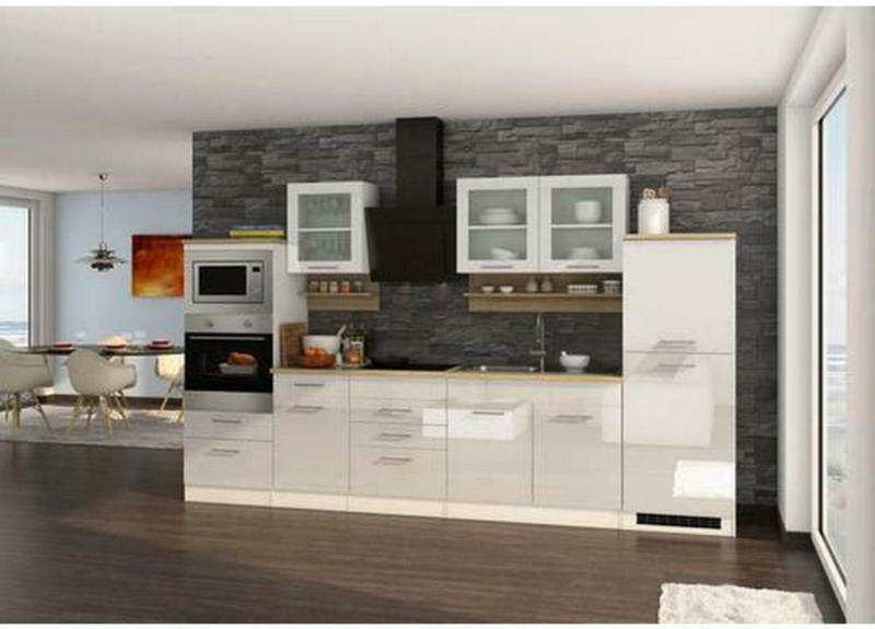 Küchenzeile Mailand mit Geräten 330 cm Weiß Hochglanz