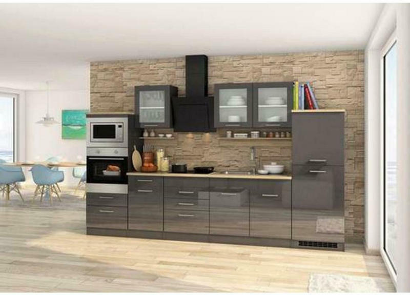 Küchenzeile Mailand mit Geräten 330 cm Anthrazit Hochglanz