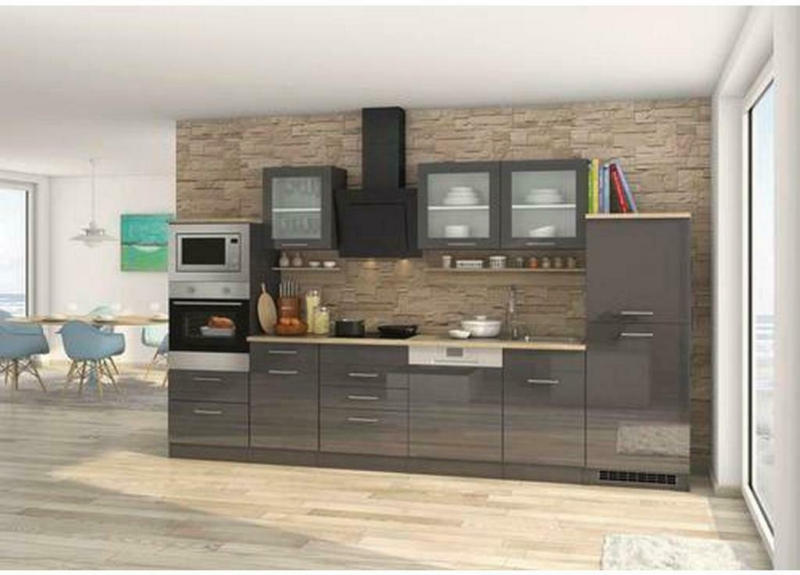 Küchenzeile Mailand mit Geräten 340 cm Anthrazit Hochglanz